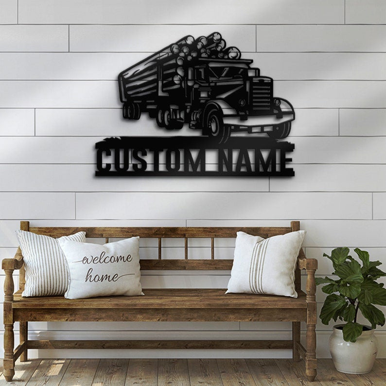 Custom Logging Truck Driver Metal Wall Art LED Light Personalized Trucker Name Sign Home Decor 18 wheeler Decoration Birthday Father's Day