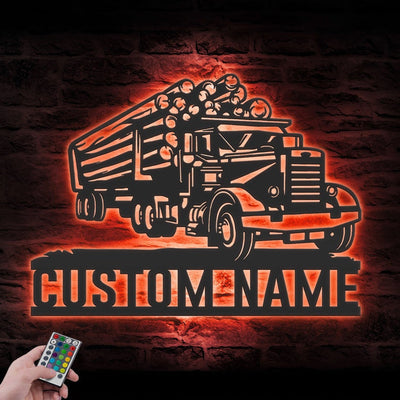 Custom Logging Truck Driver Metal Wall Art LED Light Personalized Trucker Name Sign Home Decor 18 wheeler Decoration Birthday Father's Day