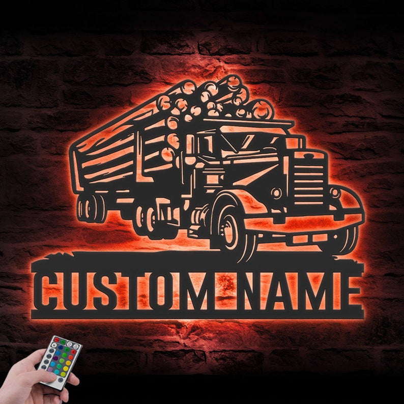 Custom Logging Truck Driver Metal Wall Art LED Light Personalized Trucker Name Sign Home Decor 18 wheeler Decoration Birthday Father's Day