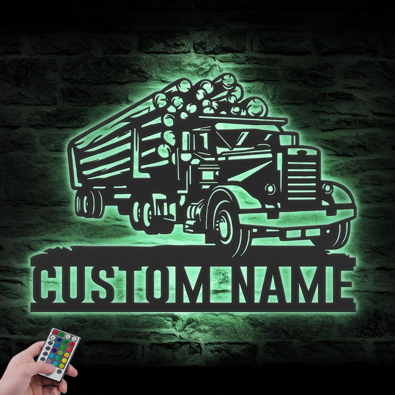 Custom Logging Truck Driver Metal Wall Art LED Light Personalized Trucker Name Sign Home Decor 18 wheeler Decoration Birthday Father's Day