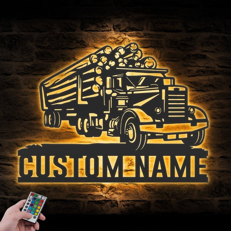 Custom Logging Truck Driver Metal Wall Art LED Light Personalized Trucker Name Sign Home Decor 18 wheeler Decoration Birthday Father's Day