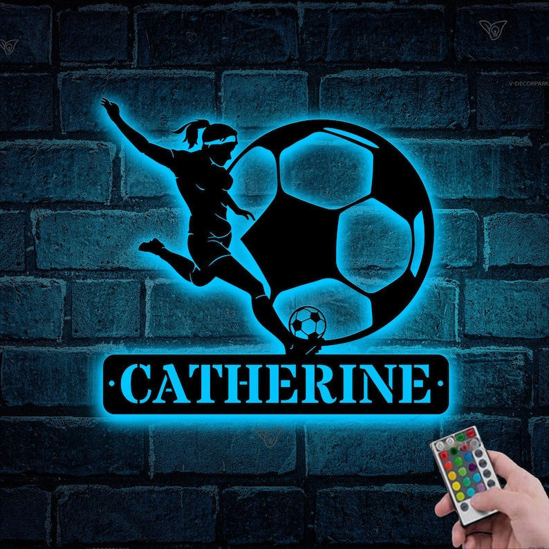 Custom Female Soccer Metal Sign with LED Lights, Custom Football Player Name Sign, Girl Football Metal Sign, Gift for Her, Football Wal Art