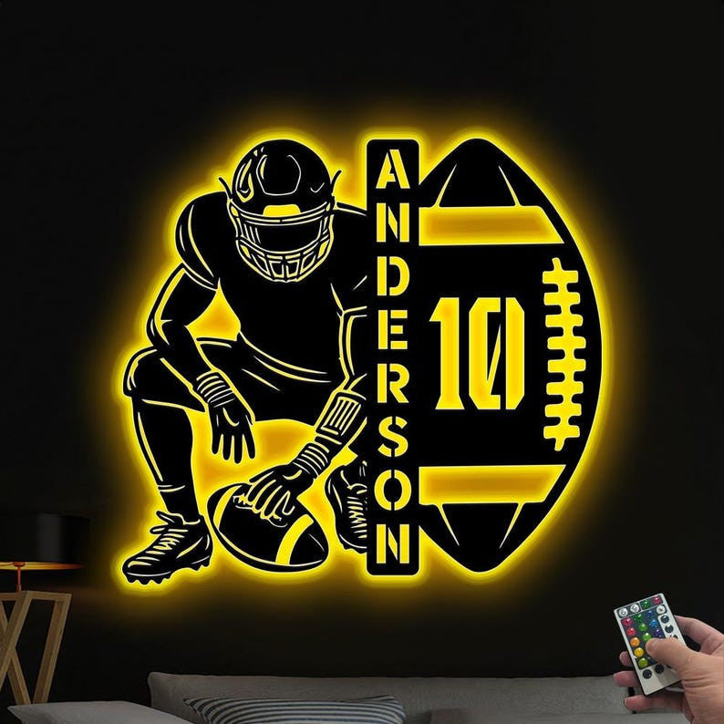 Custom American Football Metal Sign with LED Light, Football Player Name Sign, Football Coach Gift, Boys Room Decor, Sport Wall Hanging