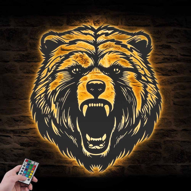 Grizzly Bear Metal Wall Art LED Light Angry Bear Name Sign Home Decor Bear Roar Wild Animal Decoration Housewarming Christmas Birthday Gift