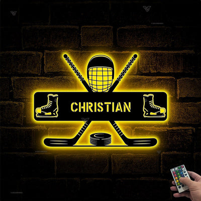 Custom Hockey Metal Wall Art With LED Light, Personalized Hockey Player Name Sign, Hockey Metal Sign, Hockey Wall Decor, Gift for Him