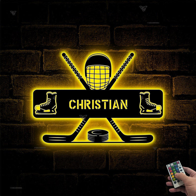 Custom Hockey Metal Wall Art With LED Light, Personalized Hockey Player Name Sign, Hockey Metal Sign, Hockey Wall Decor, Gift for Him