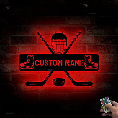 Custom Hockey Metal Wall Art With LED Light, Personalized Hockey Player Name Sign, Hockey Metal Sign, Hockey Wall Decor, Gift for Him