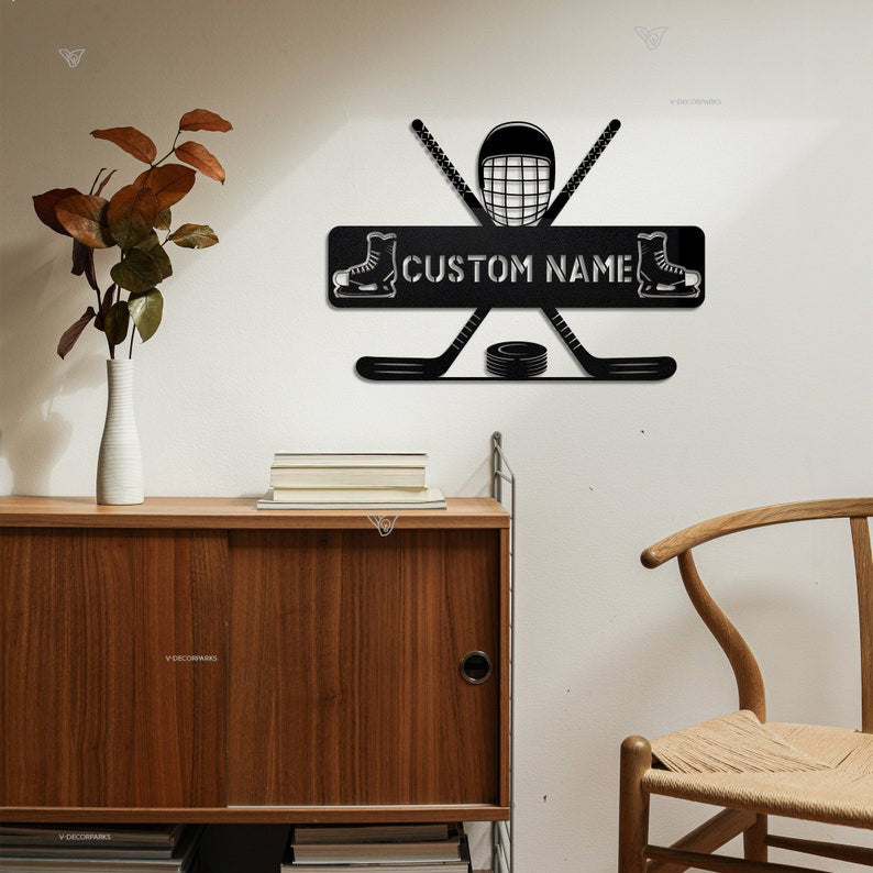 Custom Hockey Metal Wall Art With LED Light, Personalized Hockey Player Name Sign, Hockey Metal Sign, Hockey Wall Decor, Gift for Him