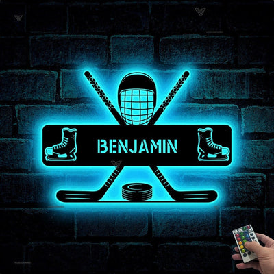 Custom Hockey Metal Wall Art With LED Light, Personalized Hockey Player Name Sign, Hockey Metal Sign, Hockey Wall Decor, Gift for Him