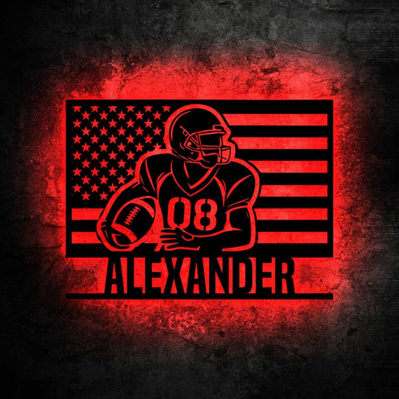 Custom US Flag Football Metal Sign with LED lights, American Football Metal Sign, Gift For Football Player, Football Wall Decor