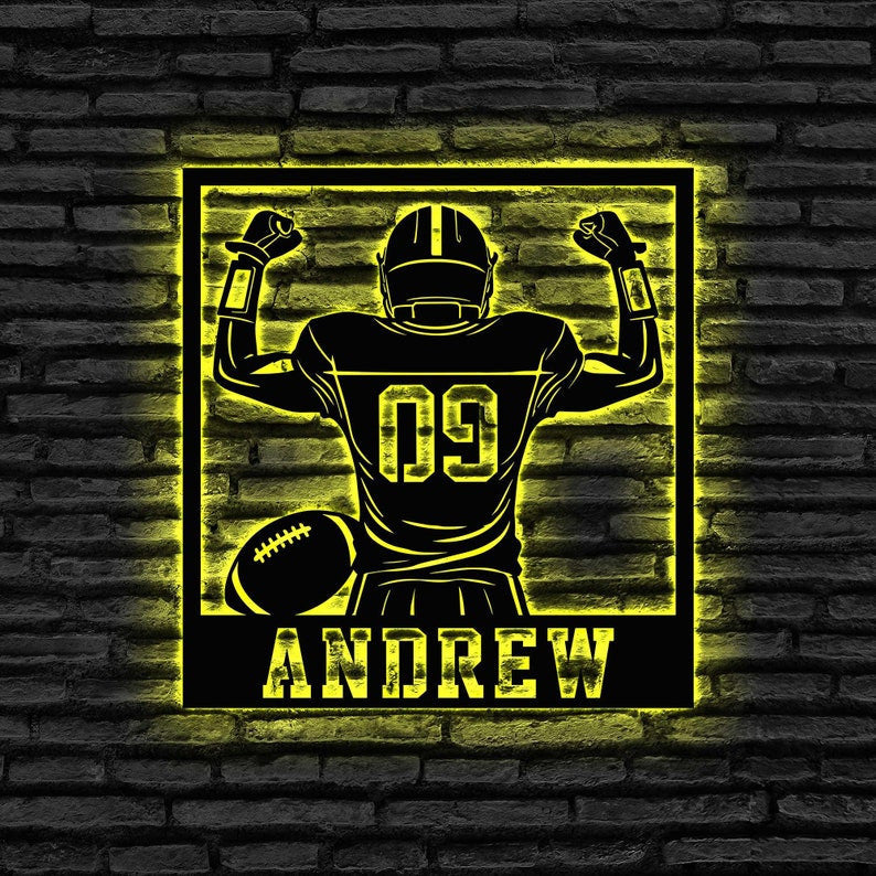 Custom American Football Metal Sign with LED Light, Football Player Name Sign, Football Coach Gift, Boys Room Decor, Sport Room Wall Hanging