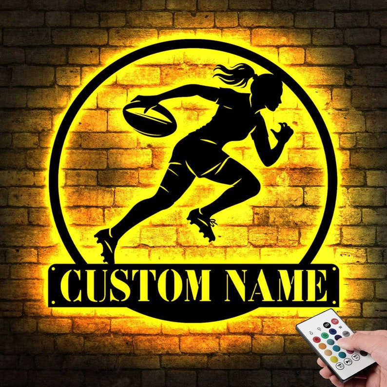 Custom Female Rugby Metal sign With LED Light, Rugby Metal Wall Art, Personalized Rugby Player Name Sign, Rugby Gift, Rugby Girl Sign