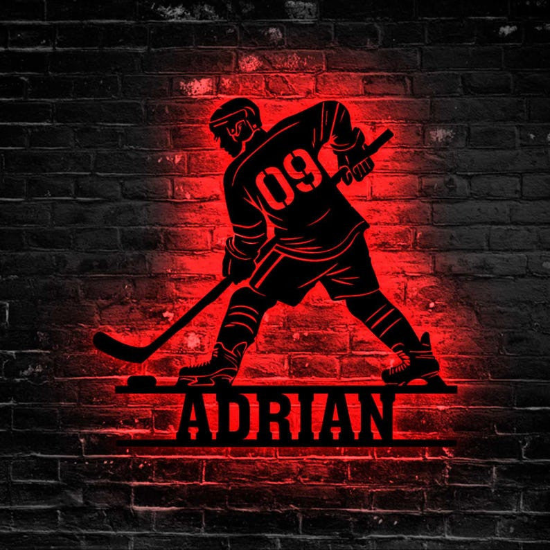 Custom Ice Hocey Metal Sign with Led lights, Personalized Hockey Player Sign, Hockey Player Gift, Hockey Gifts, Boys Room Decor