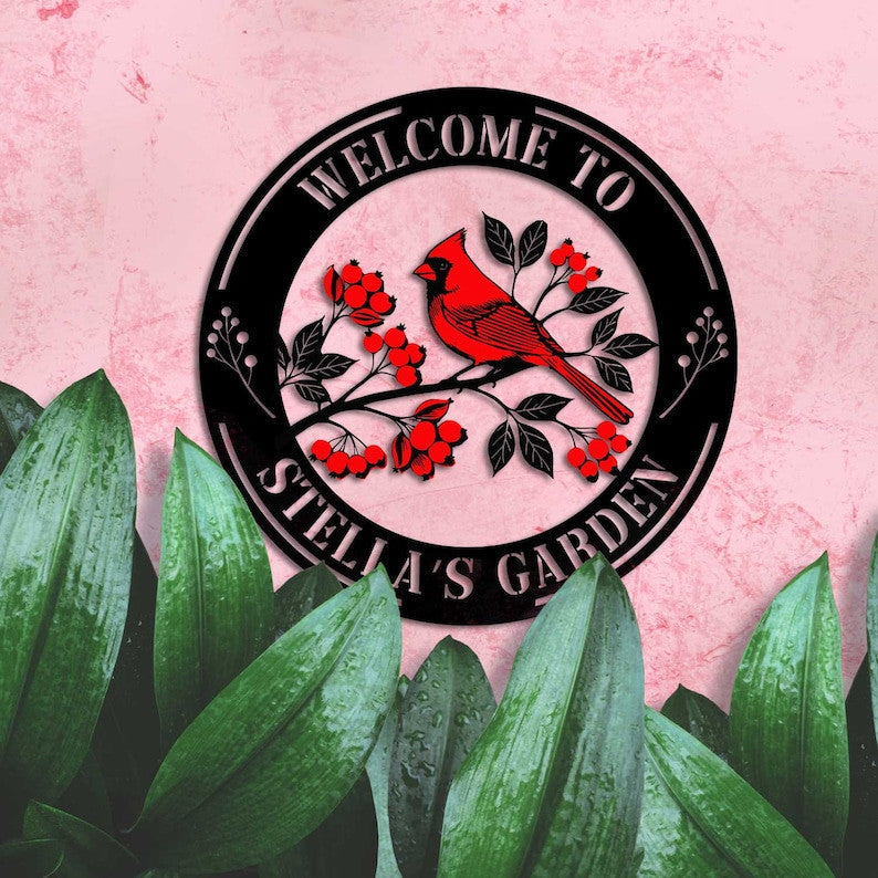 Personalised Cardinal Garden Sign, Metal Red Cardinal, Cardinal on Dogwood Flower, Cardinal Bird Wall Decor, Gifts for Mom/ Grandma