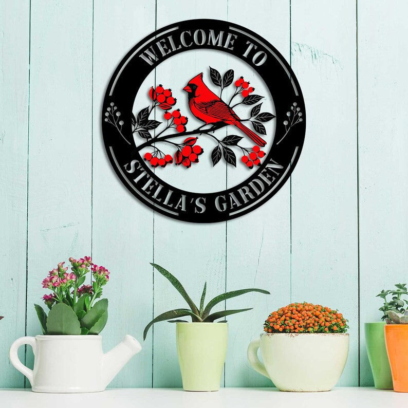 Personalised Cardinal Garden Sign, Metal Red Cardinal, Cardinal on Dogwood Flower, Cardinal Bird Wall Decor, Gifts for Mom/ Grandma