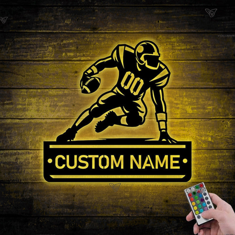 Personalized American Football Player Metal Sign LED Light, Football Name Sign, US Football Player Gift, Football Coach Gift, Sport Sign