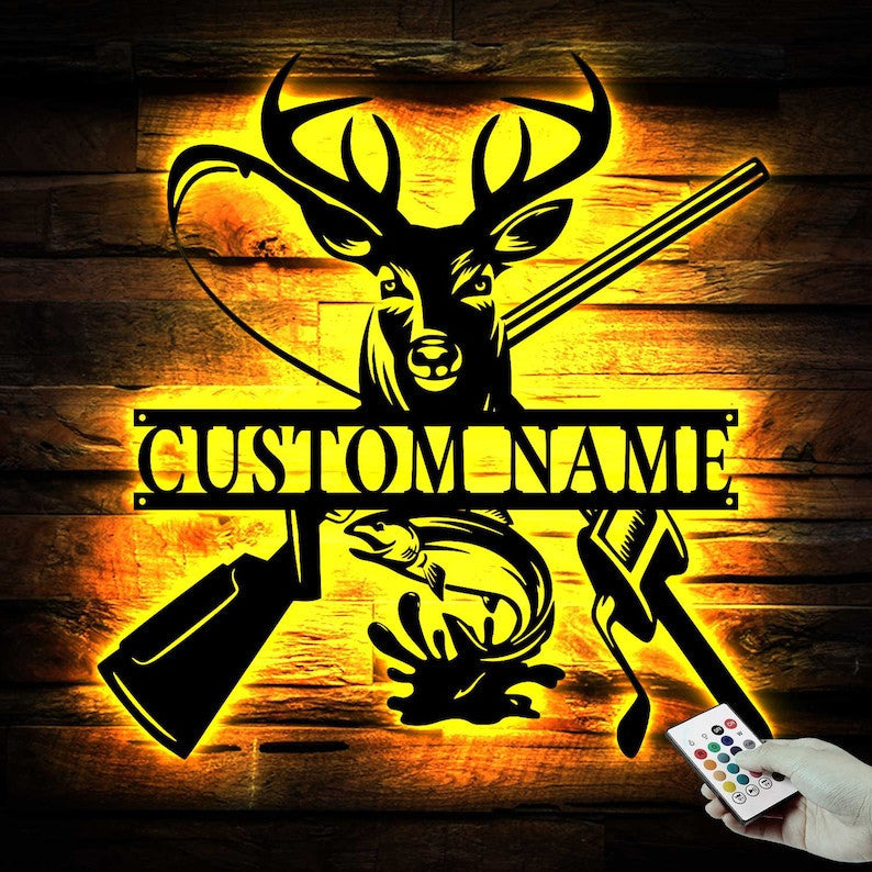 Deer Hunting Fish Hook Metal Sign LED Lights, Deer Hunting Neon Signs, Deer hunting Metal Wall Art LED, Deer Hunting Gift, Deer Decor Cabin