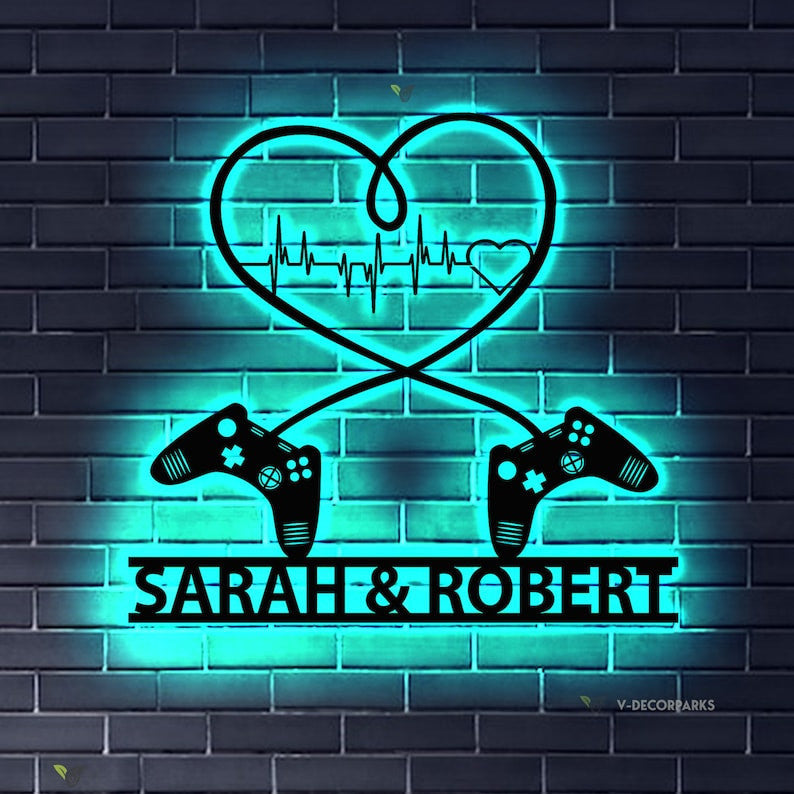 Gaming Couple Metal sign LED light Personalized, Heart Game Controller, Gifts for Couple, Video game Custom Name Metal wall art, Game Room