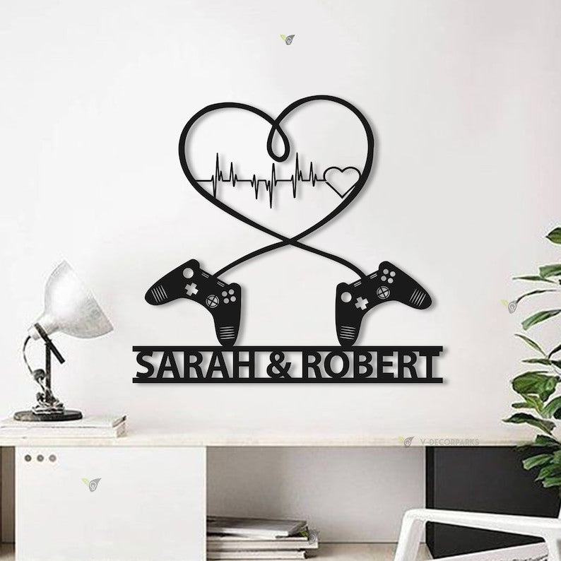 Gaming Couple Metal sign LED light Personalized, Heart Game Controller, Gifts for Couple, Video game Custom Name Metal wall art, Game Room