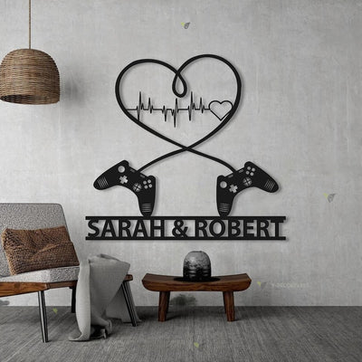 Gaming Couple Metal sign LED light Personalized, Heart Game Controller, Gifts for Couple, Video game Custom Name Metal wall art, Game Room