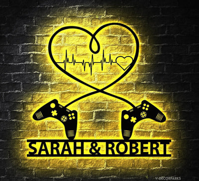 Gaming Couple Metal sign LED light Personalized, Heart Game Controller, Gifts for Couple, Video game Custom Name Metal wall art, Game Room