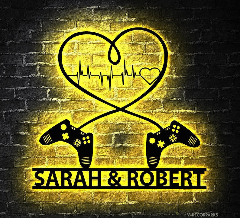 Gaming Couple Metal sign LED light Personalized, Heart Game Controller, Gifts for Couple, Video game Custom Name Metal wall art, Game Room