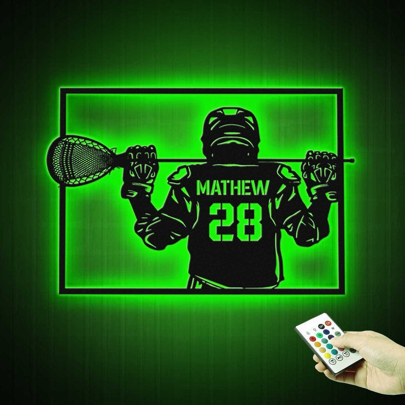 Custom Lacrosse Player Metal Wall Art LED Light Personalized Lacrosse Goalie Name Sign Lacrosse Stick Kid Nursery Decoration Home Decor