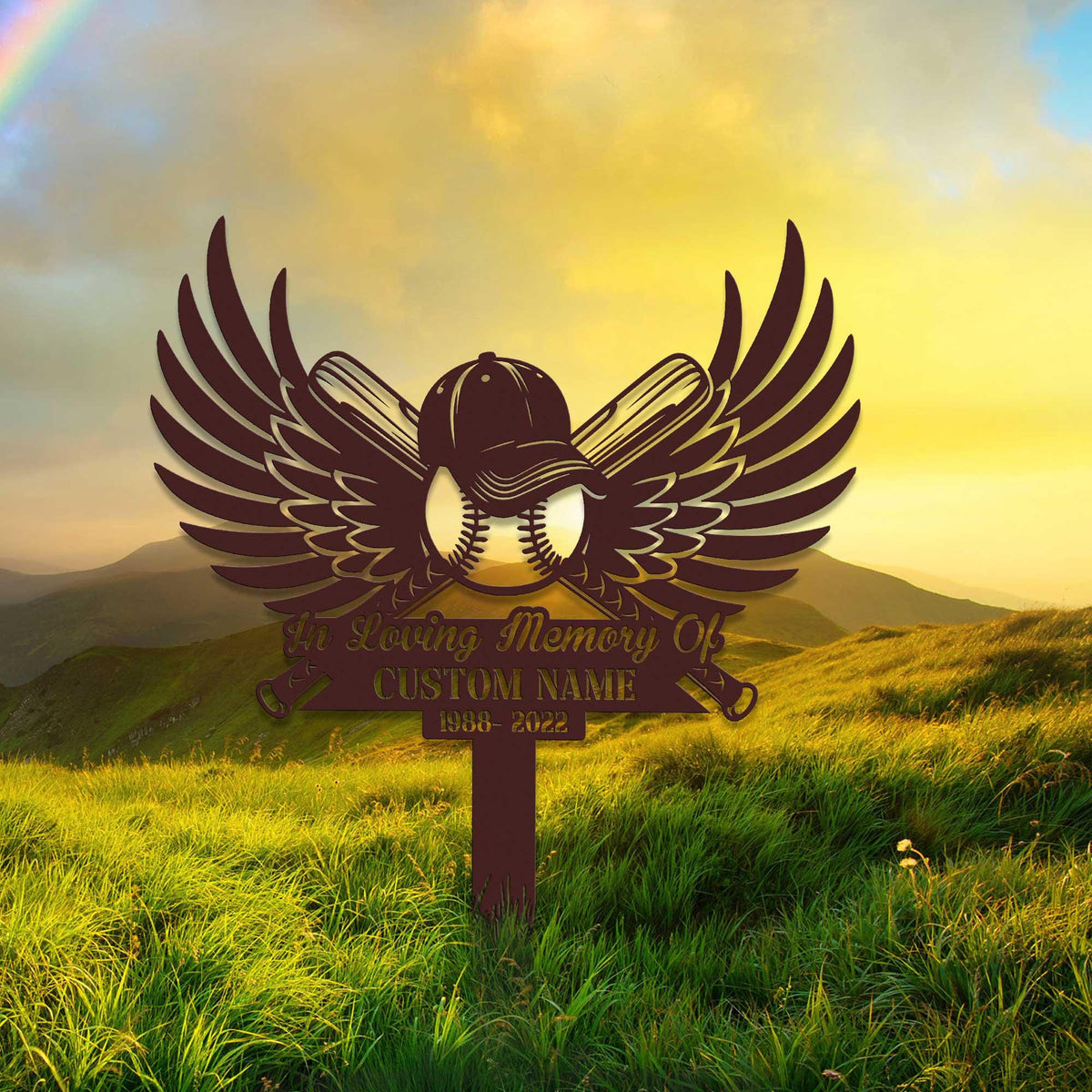 Custom Baseball With Wings Memorial Metal Stake Baseball Loss Sympathy Sign Grave Marker Remembrance Stake Garden Decor Baseball Sign