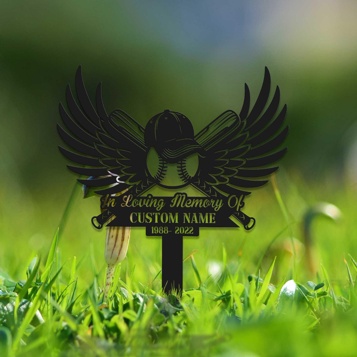 Custom Baseball With Wings Memorial Metal Stake Baseball Loss Sympathy Sign Grave Marker Remembrance Stake Garden Decor Baseball Sign