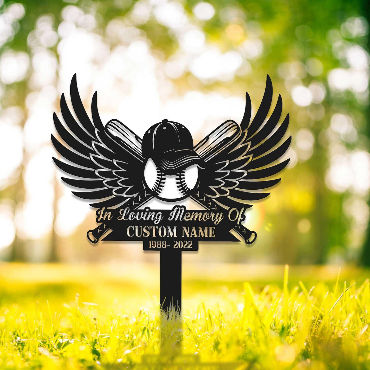 Custom Baseball With Wings Memorial Metal Stake Baseball Loss Sympathy Sign Grave Marker Remembrance Stake Garden Decor Baseball Sign