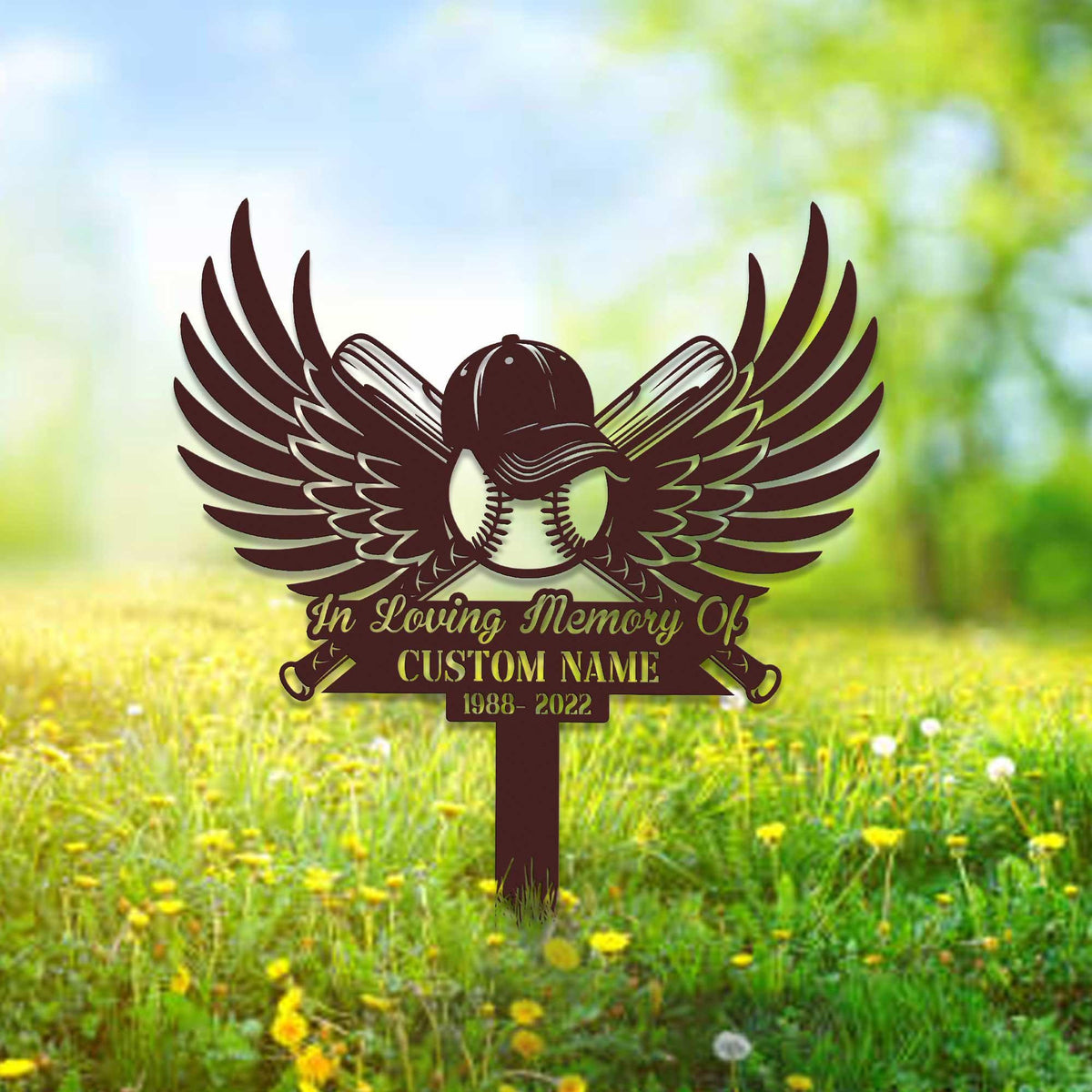 Custom Baseball With Wings Memorial Metal Stake Baseball Loss Sympathy Sign Grave Marker Remembrance Stake Garden Decor Baseball Sign