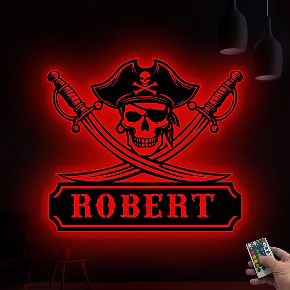 Custom Pirate Skull Metal Sign With Led Lights Personalized Pirate Ship Name Sign Pirate Wall Decor Skull Wall Decor Kids Room Decor