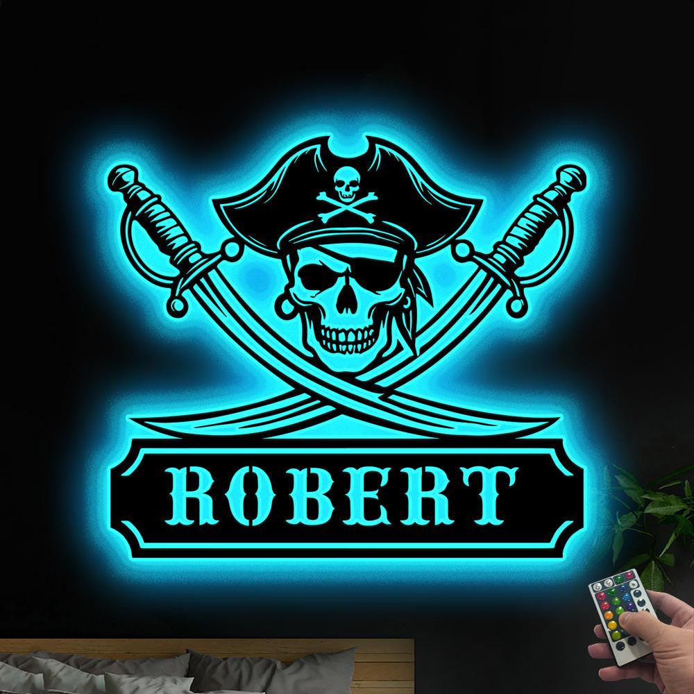 Custom Pirate Skull Metal Sign With Led Lights Personalized Pirate Ship Name Sign Pirate Wall Decor Skull Wall Decor Kids Room Decor