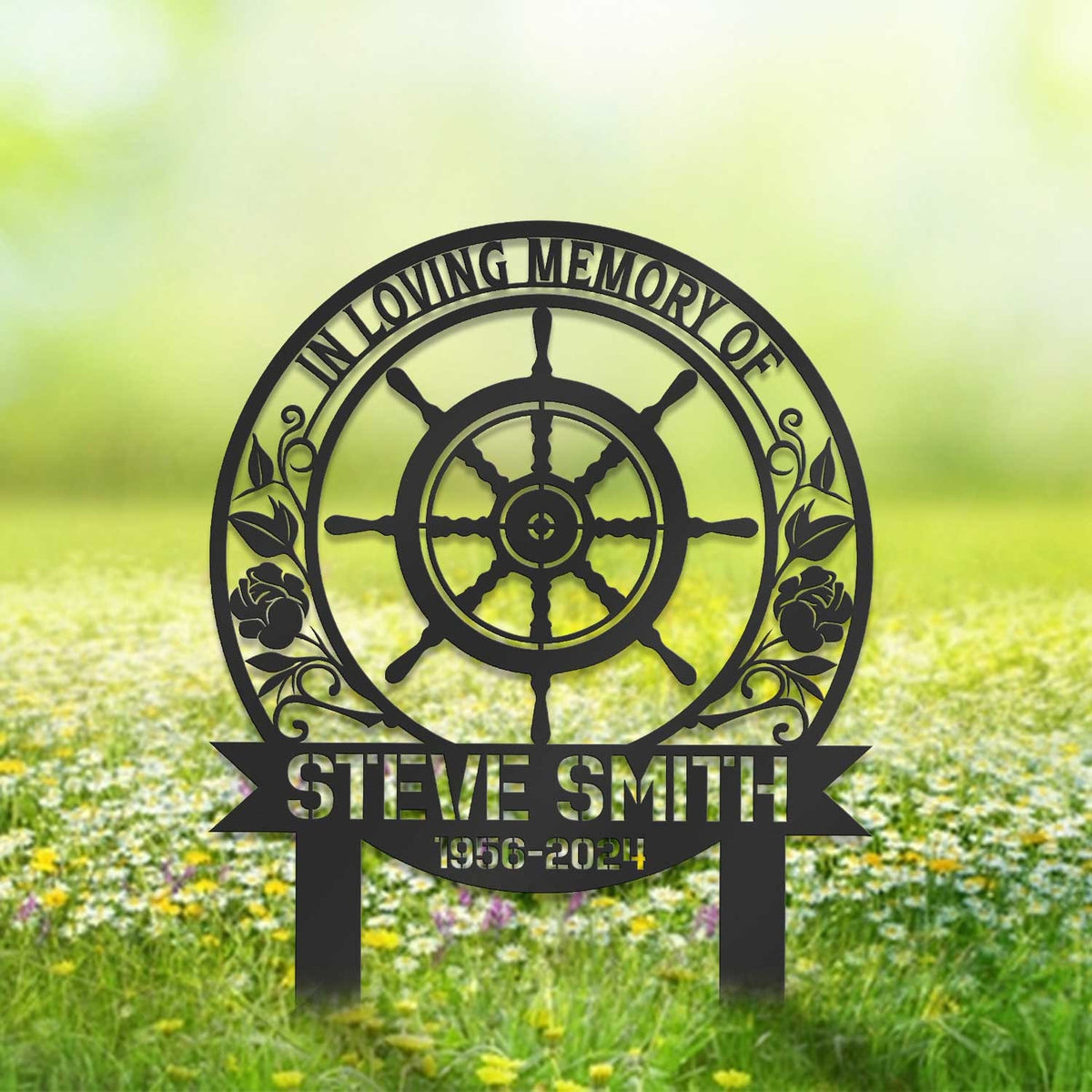 Personalized Captain Wheel Memorial Sign Sailor Memorial Stake Metal Ship Wheel Sign Sympathy Sign Grave Marker Remembrance Stake
