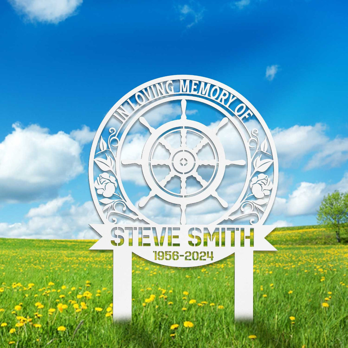 Personalized Captain Wheel Memorial Sign Sailor Memorial Stake Metal Ship Wheel Sign Sympathy Sign Grave Marker Remembrance Stake