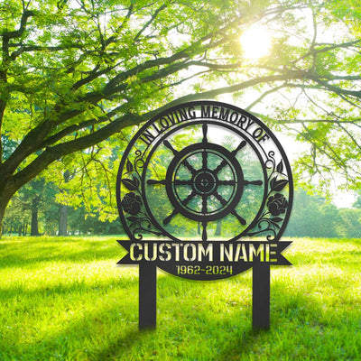 Personalized Captain Wheel Memorial Sign Sailor Memorial Stake Metal Ship Wheel Sign Sympathy Sign Grave Marker Remembrance Stake