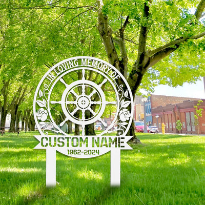Personalized Captain Wheel Memorial Sign Sailor Memorial Stake Metal Ship Wheel Sign Sympathy Sign Grave Marker Remembrance Stake