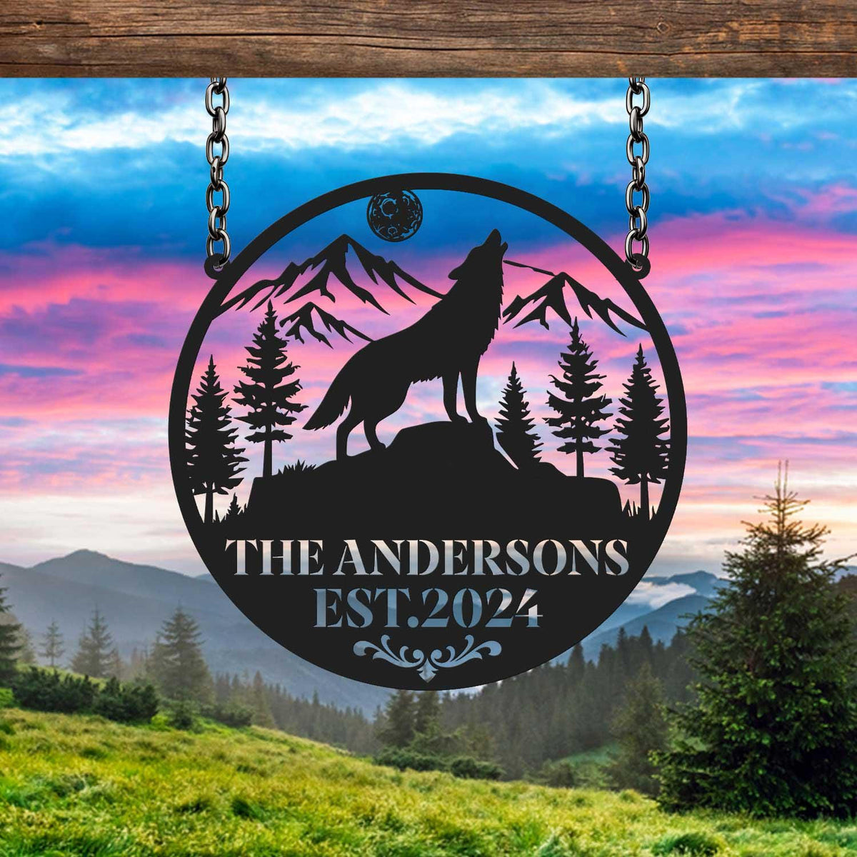 Personalized Howling Wolf Metal Sign Wolf Wall Decor Custom Last Name Sign Hunting Sign Hunter Gift Cabin Decor Man Cave Sign