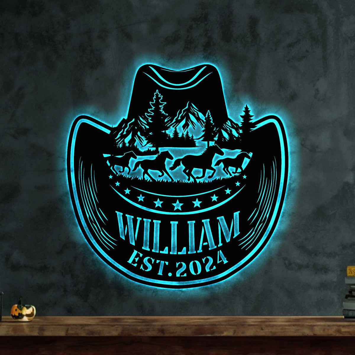 Custom Cowboy Hat With Horses Metal Led Sign Cowboy Hat Metal Name Sign Personalized Cowboy Name Sign Cowboy Gift Western Gift