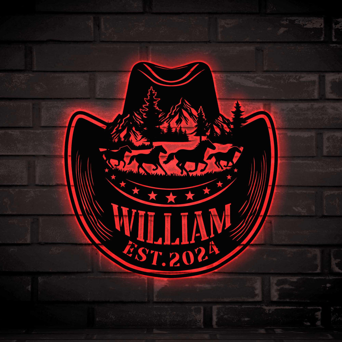 Custom Cowboy Hat With Horses Metal Led Sign Cowboy Hat Metal Name Sign Personalized Cowboy Name Sign Cowboy Gift Western Gift