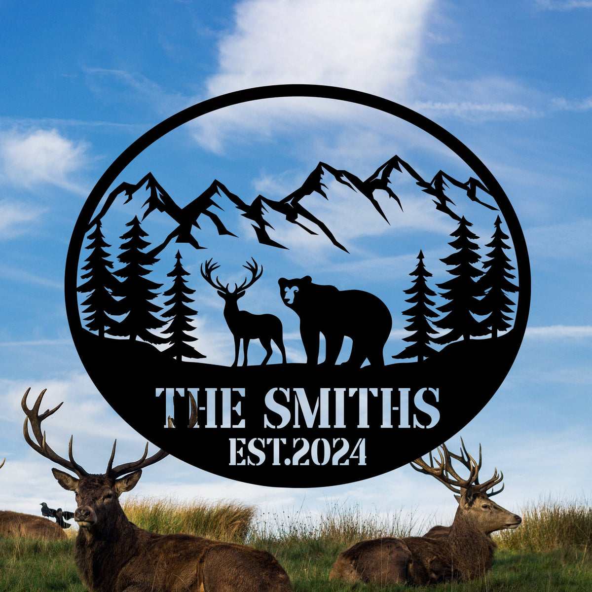 Personalized Deer And Bear Cabin Sign Custom Family Name Sign Last Name Sign Deer Hunting Sign Cottage Decor Cabin Decor