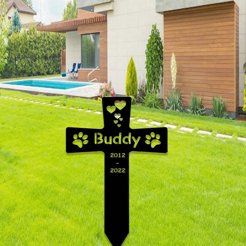 Custom Metal Pet Memorial Stake, Dog Paw Prints Grave Marker,Personalized Dog Cat Loss Gift, Cross Garden Stake for Loss of Pet, Dog Mom Gift