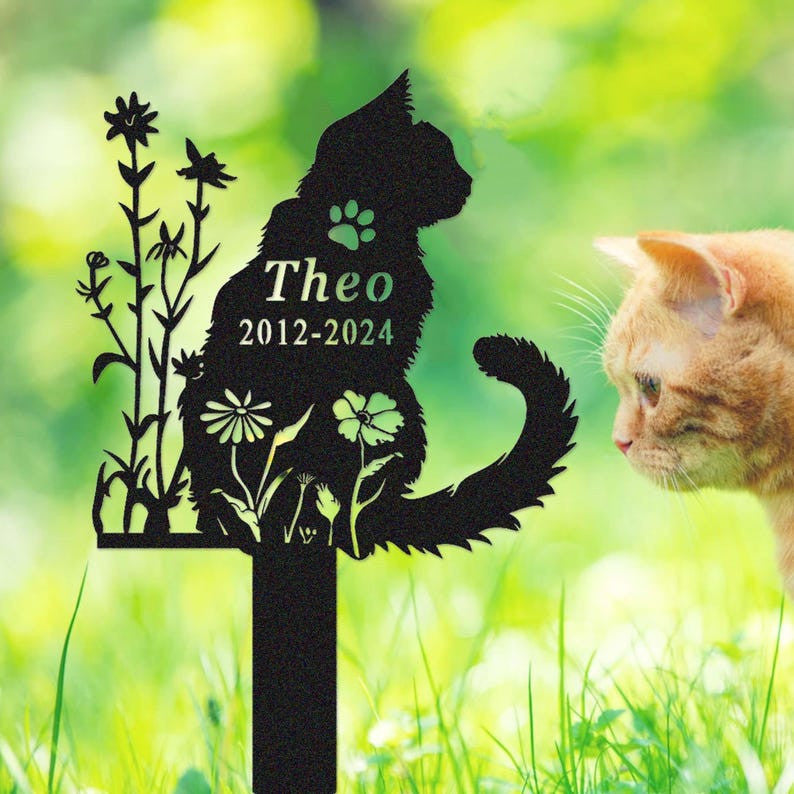 Custom Cat Memorial Garden Stake, Cat Grave Marker,Metal Cat Memorial Stake, Personalized Cat Loss Gift, Floral Cat Garden Decor, Cat Yard Stake