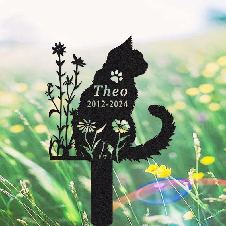 Custom Cat Memorial Garden Stake, Cat Grave Marker,Metal Cat Memorial Stake, Personalized Cat Loss Gift, Floral Cat Garden Decor, Cat Yard Stake