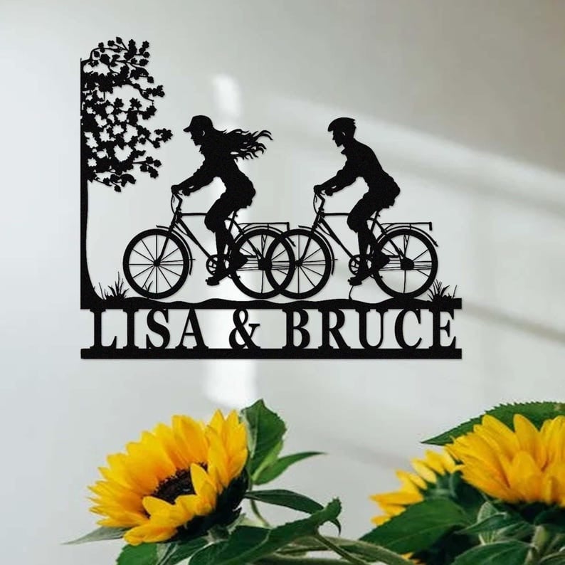 Custom Biker Couple Metal Sign, Cycling Couple Metal Wall Art, Personalized Biker Name Sign, Couple Cyclists Decor, Bicycle Theme Wedding Gift