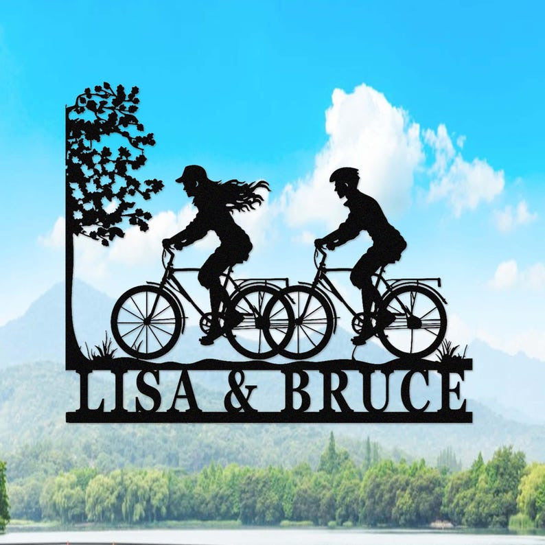 Custom Biker Couple Metal Sign, Cycling Couple Metal Wall Art, Personalized Biker Name Sign, Couple Cyclists Decor, Bicycle Theme Wedding Gift