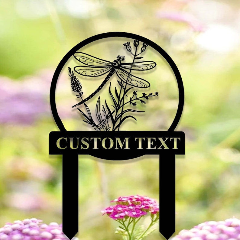 Custom Dragonfly Garden Sign, Metal Dragonfly Garden Stake, Personalized Gardening Sign, Sign for Flower Beds, Outdoor Yard Garden Decor