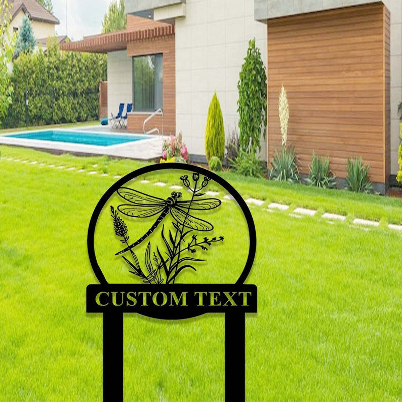 Custom Dragonfly Garden Sign, Metal Dragonfly Garden Stake, Personalized Gardening Sign, Sign for Flower Beds, Outdoor Yard Garden Decor