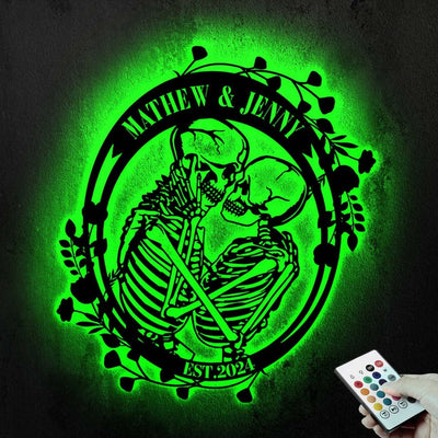 Custom Skeleton Couple Kissing with Roses Metal Wall Led Light, Skull Lover Gift, Gothic Home Decor, Wedding Gift, Halloween Valentines Gift