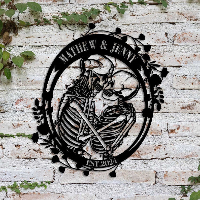 Custom Skeleton Couple Kissing with Roses Metal Wall Led Light, Skull Lover Gift, Gothic Home Decor, Wedding Gift, Halloween Valentines Gift